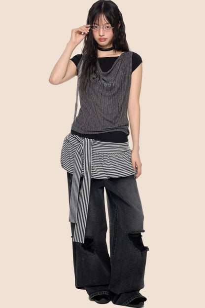 Striped Tie-Wrap A-Line Skirt