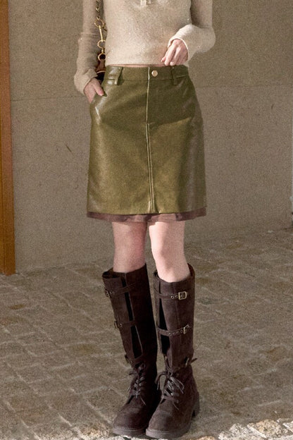 Fern Green Leather Straight Skirt