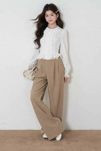 White Long-Sleeved Loose Pullover Doll Collar Shirt