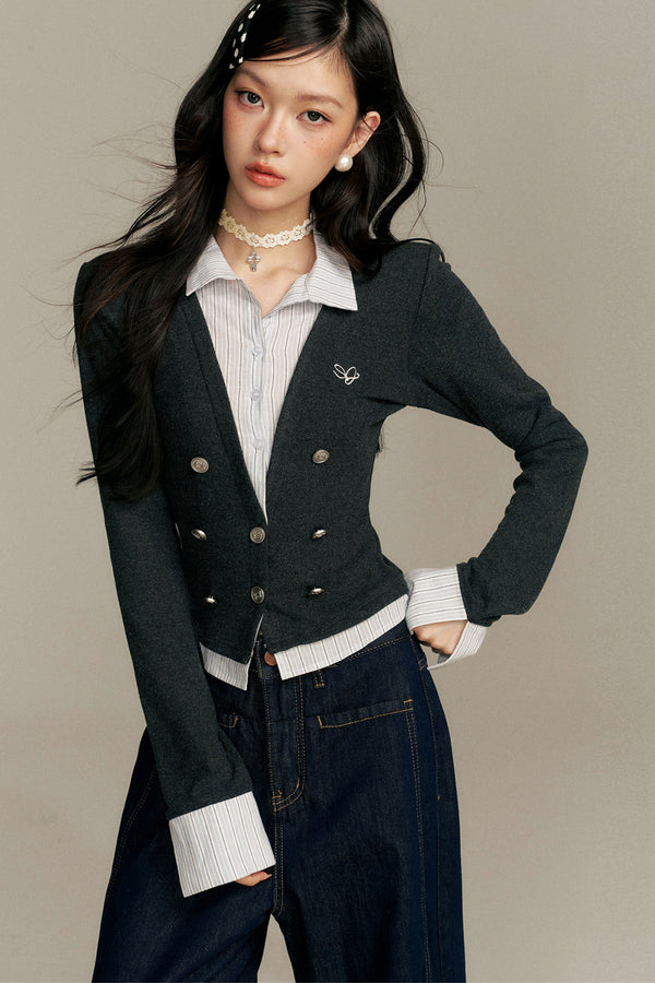 Double-Breasted Layered-Look Knit Top