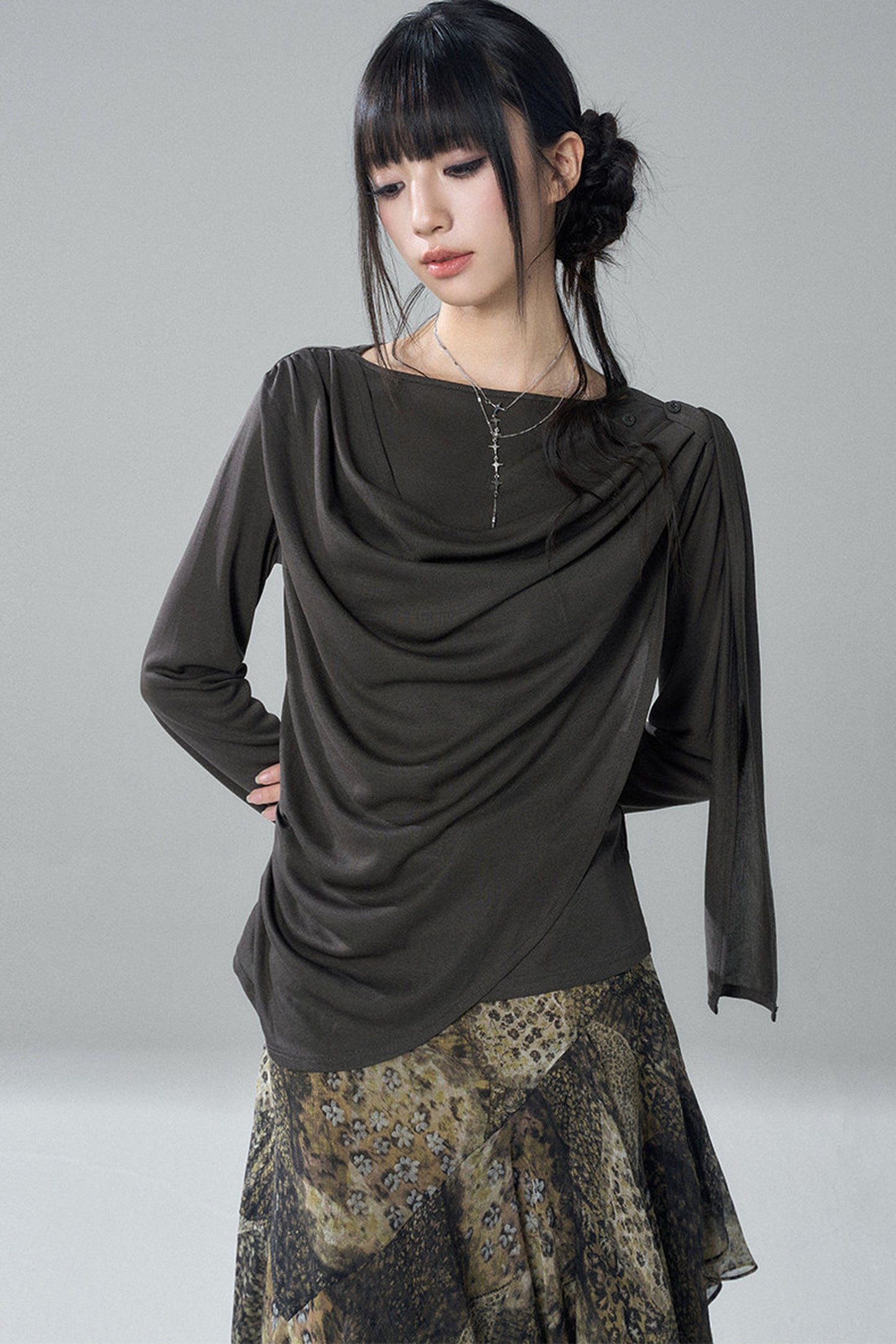 Black Long-Sleeve Shawl Collar Top