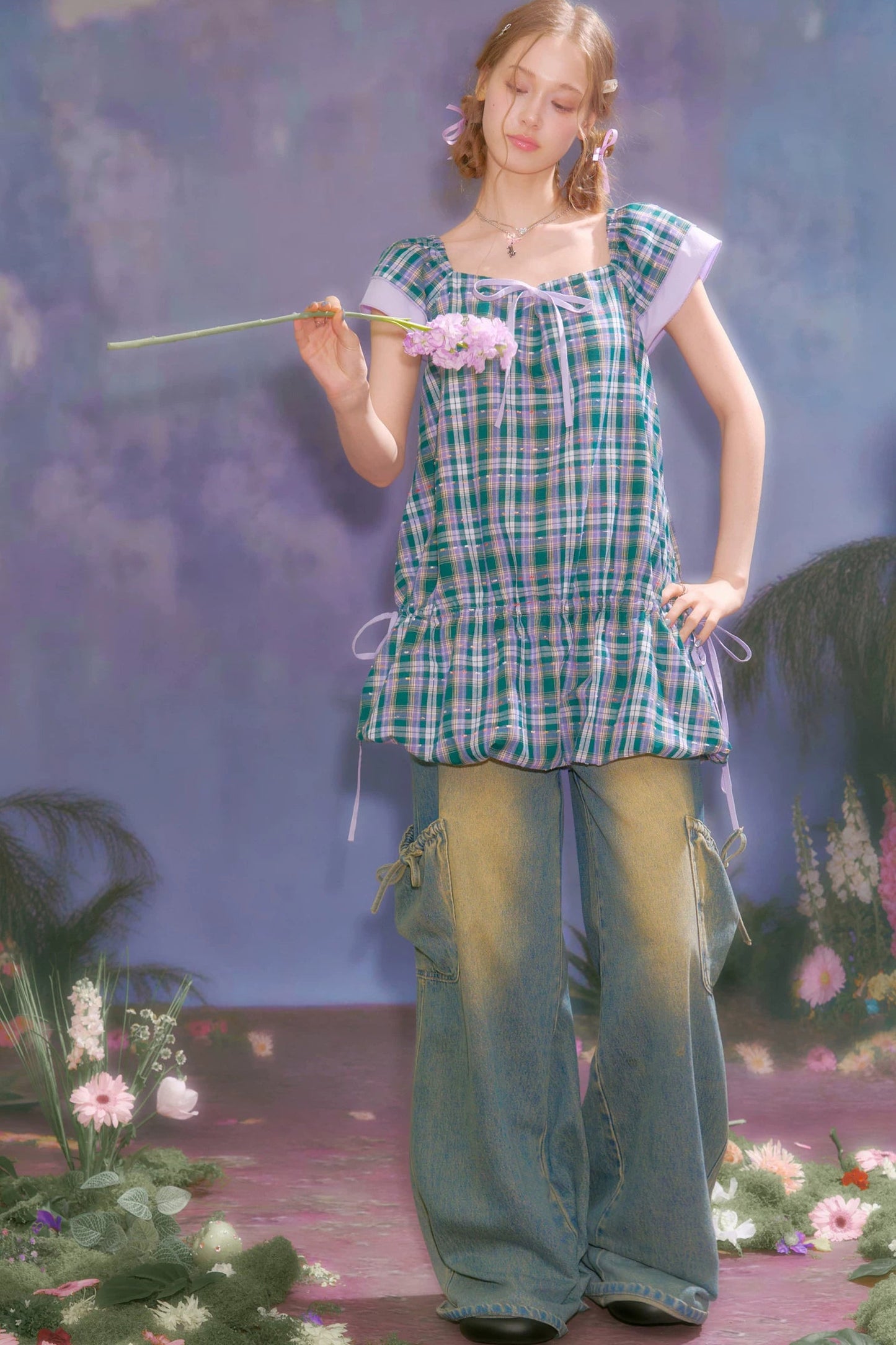 Purple Plaid Flutter Dress