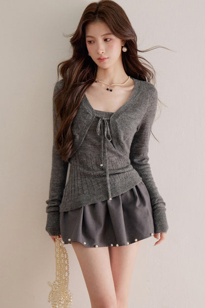 Long-Sleeve V-Neck Lace-Up Knit Sweater