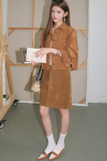 Brown Corduroy Jacket and Knit Vest Two-Piece Set-Up