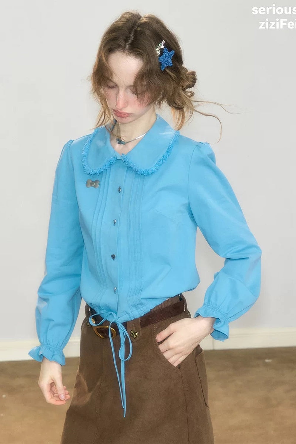 Tassel Doll Collar Puff Sleeve Shirt