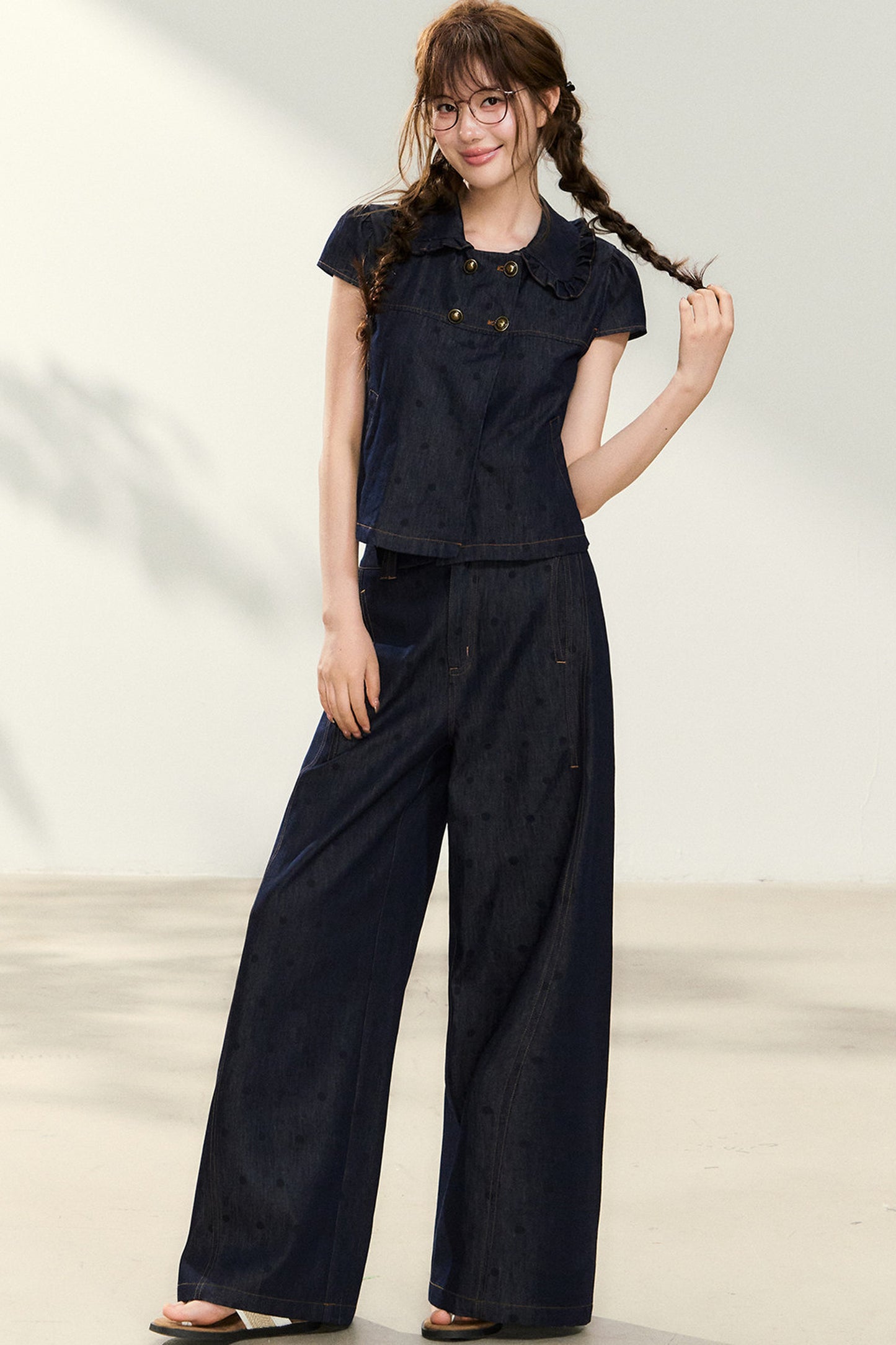 Denim Short-Sleeved Shirt and Wide-Leg Pants Set