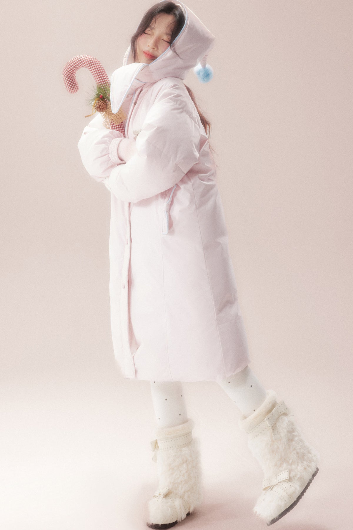 Cute Fur Ball Scarf Hat Long White Duck Down Jacket
