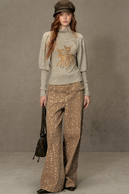 Spotted Ruffle Wide-Leg Pants