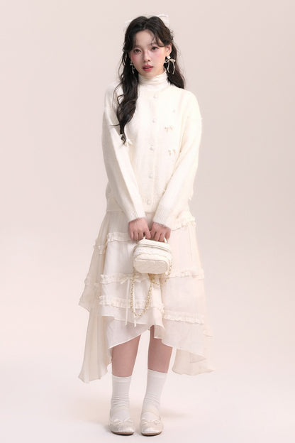 Ballet Bow Knit Cardigan With Skirt Set