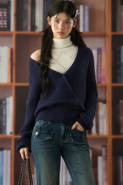 Off-Shoulder V-Neck Knit Sweater Set-Up