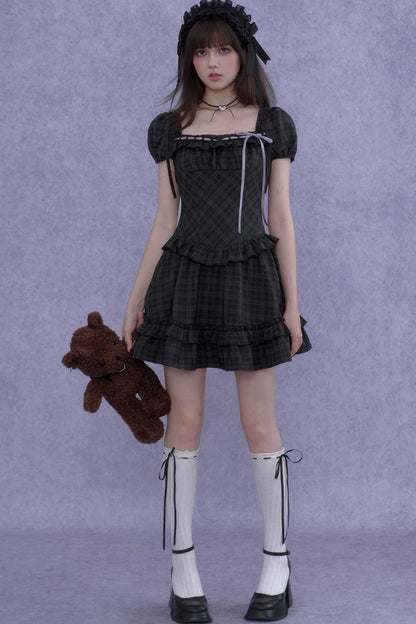 Rose Plaid Lolita Square Neck Dress