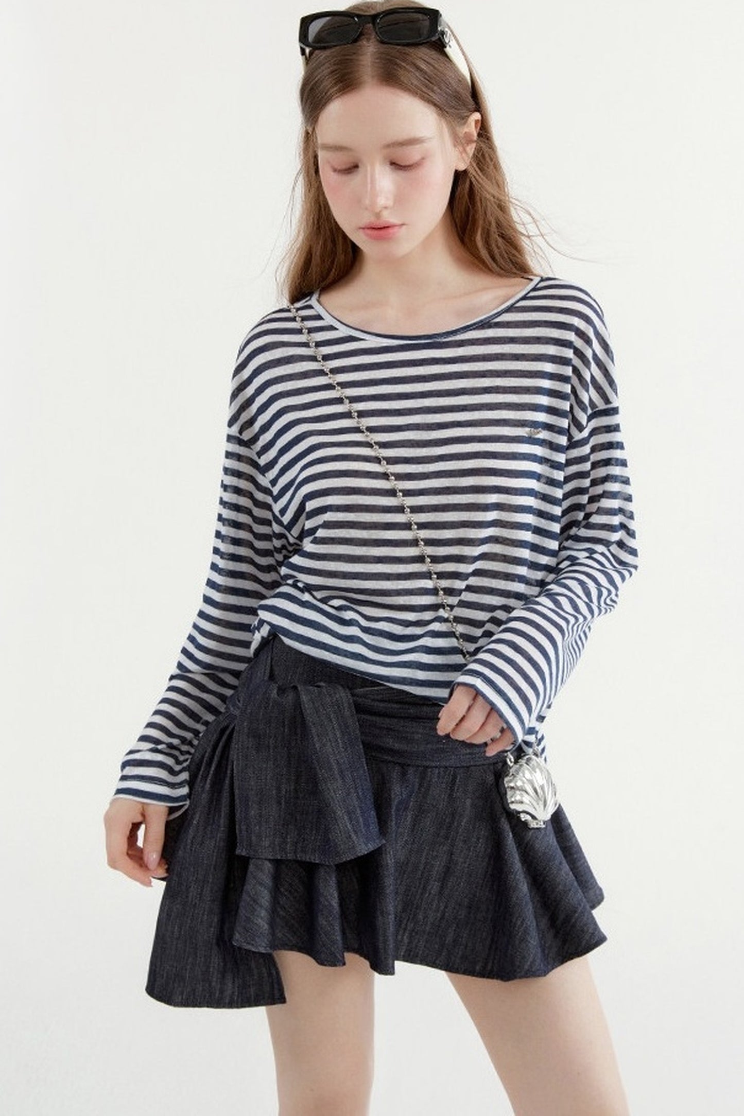 Navy Striped Long-Sleeve Top and A-Line Denim Skirt Set