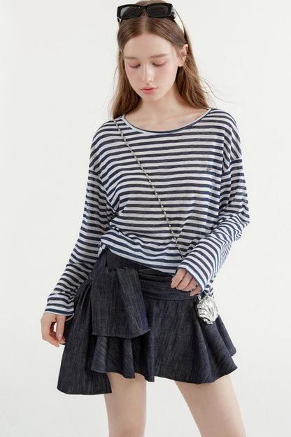 Navy Striped Long-Sleeve Top and A-Line Denim Skirt Set