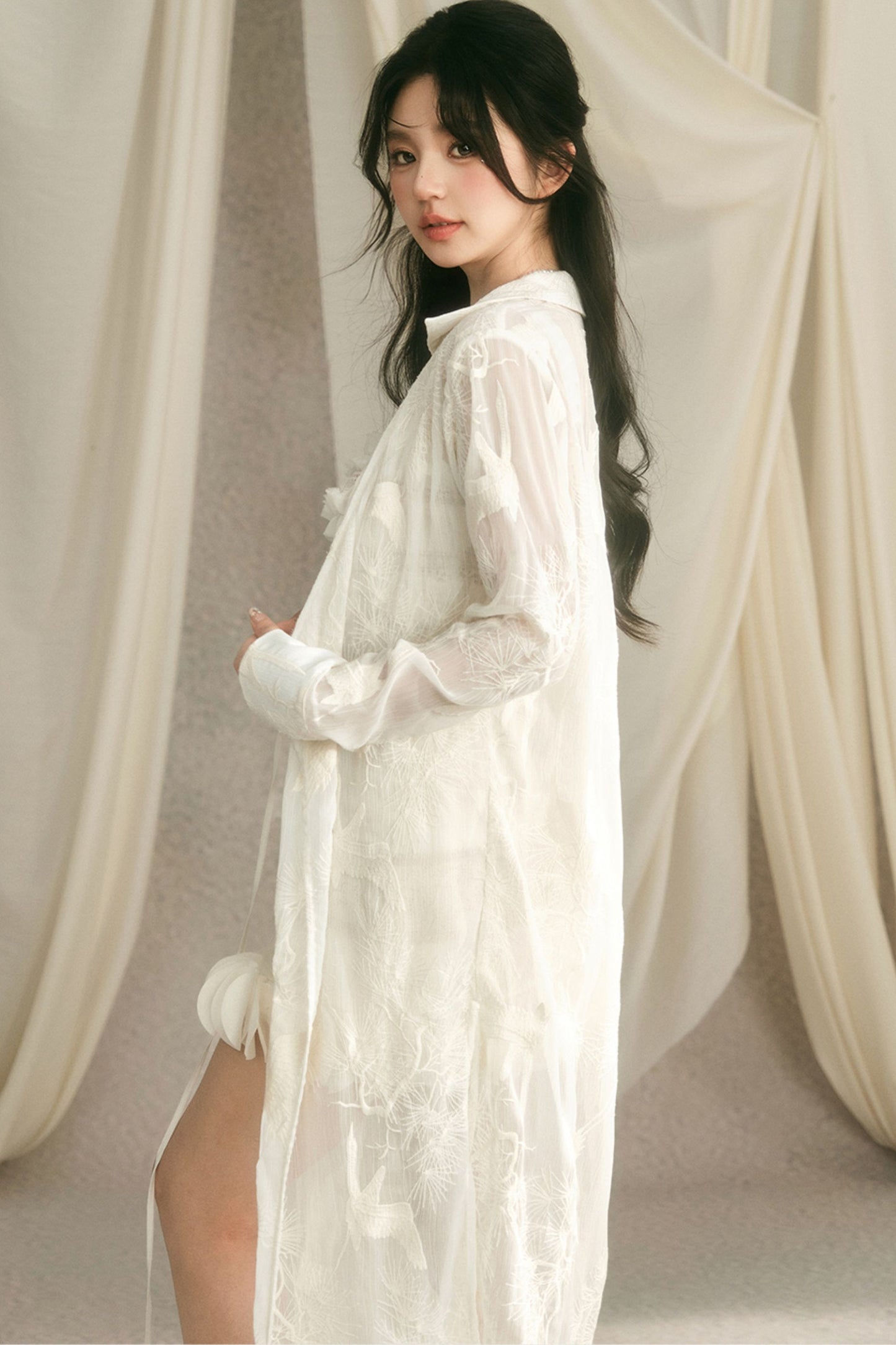 Crane Embroidery Waist-Tie Top
