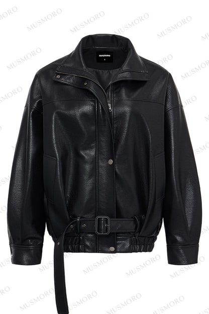 Lychee-Patterned Pu Biker Jacket