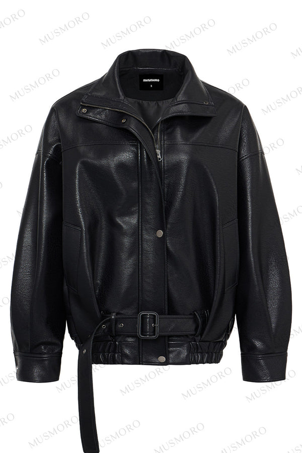 Lychee-Patterned Pu Biker Jacket