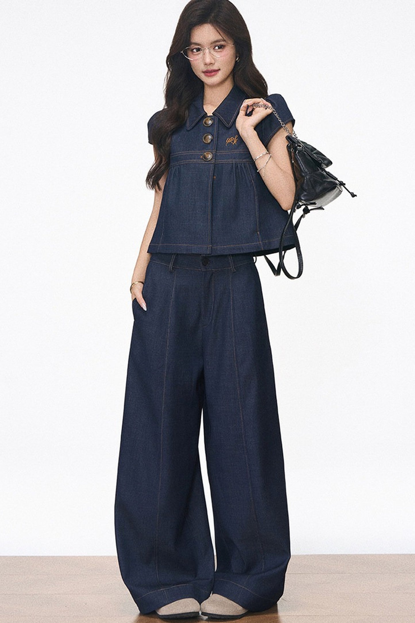 Faux Denim Blouse Set-Up
