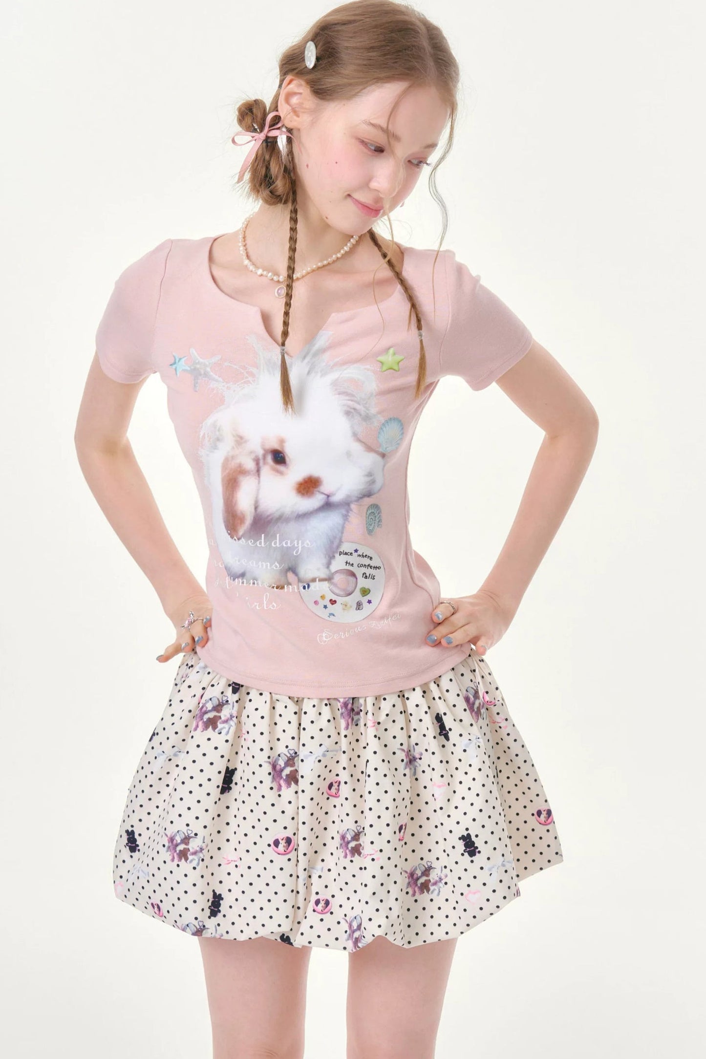 Fuzzy Pink Rabbit Print T-Shirt