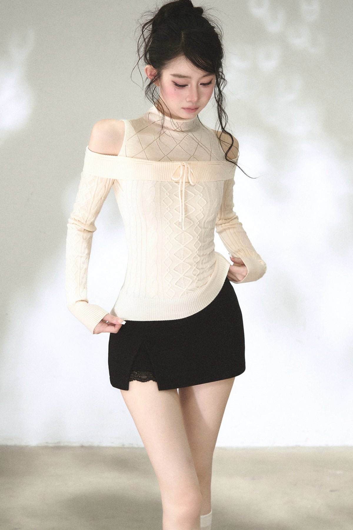 Hollow-Out Off-Shoulder Diamond Knit Top