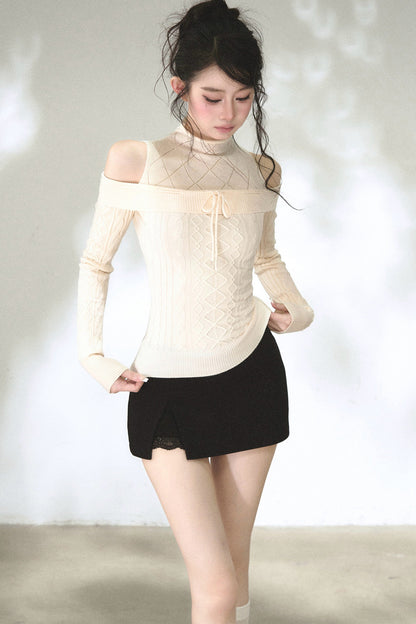 Hollow-Out Off-Shoulder Diamond Knit Top