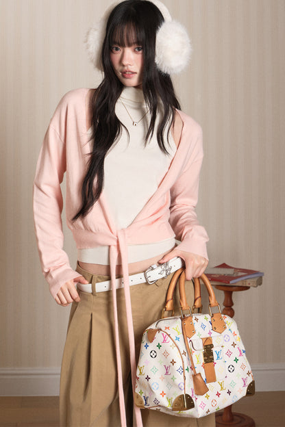 Layered High-Neck Vest and Tie-Up Cardigan Set-Up