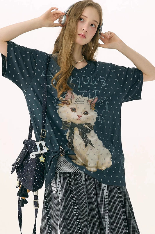 Grey Polka Dot Cat V-Neck Top