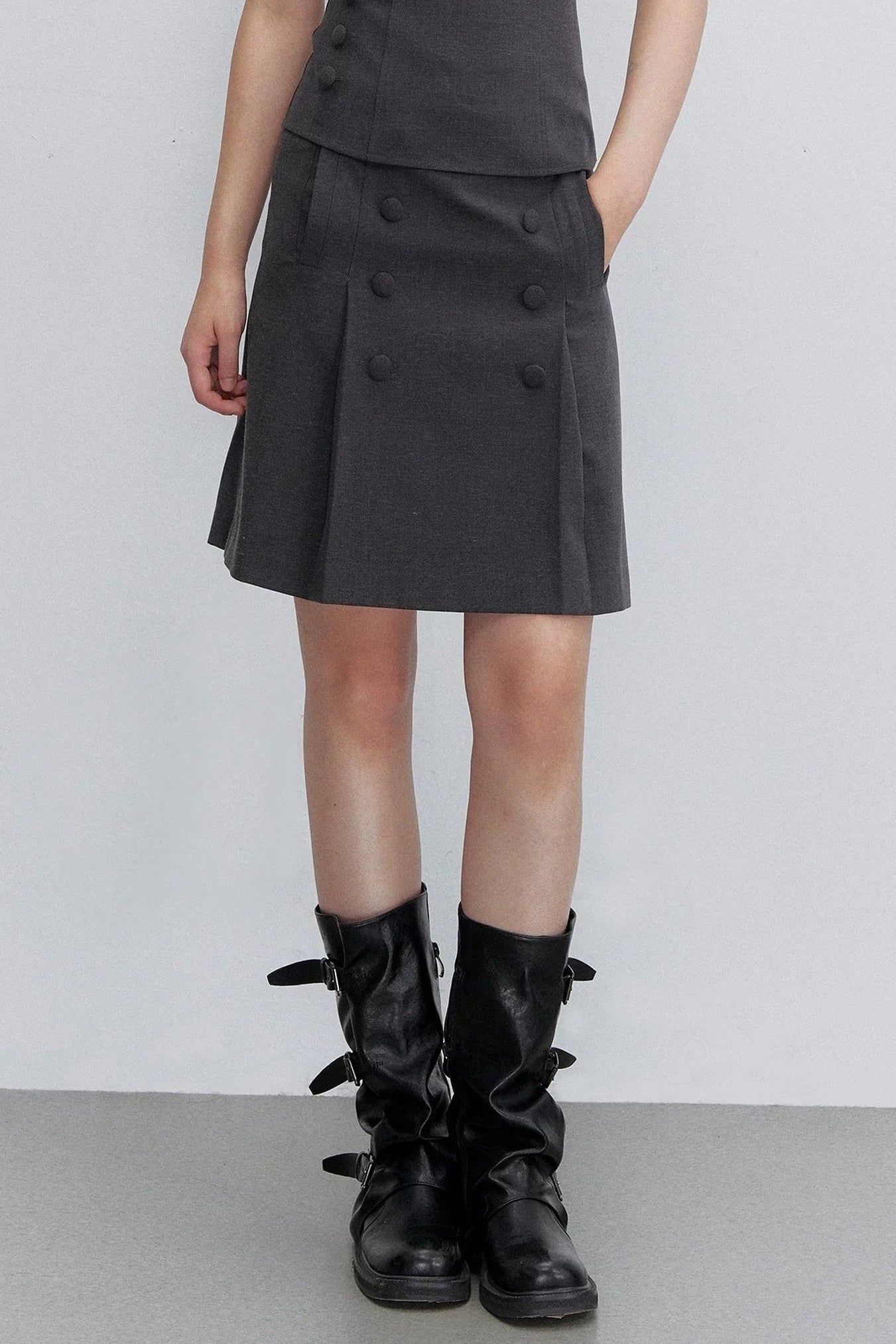 Pleated Double-Breasted Skirt
