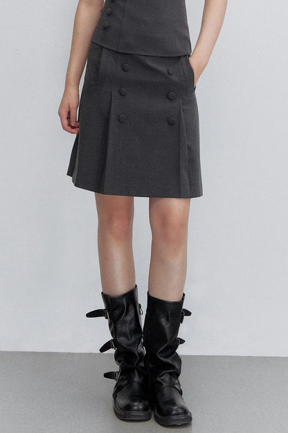 Pleated Double-Breasted Skirt