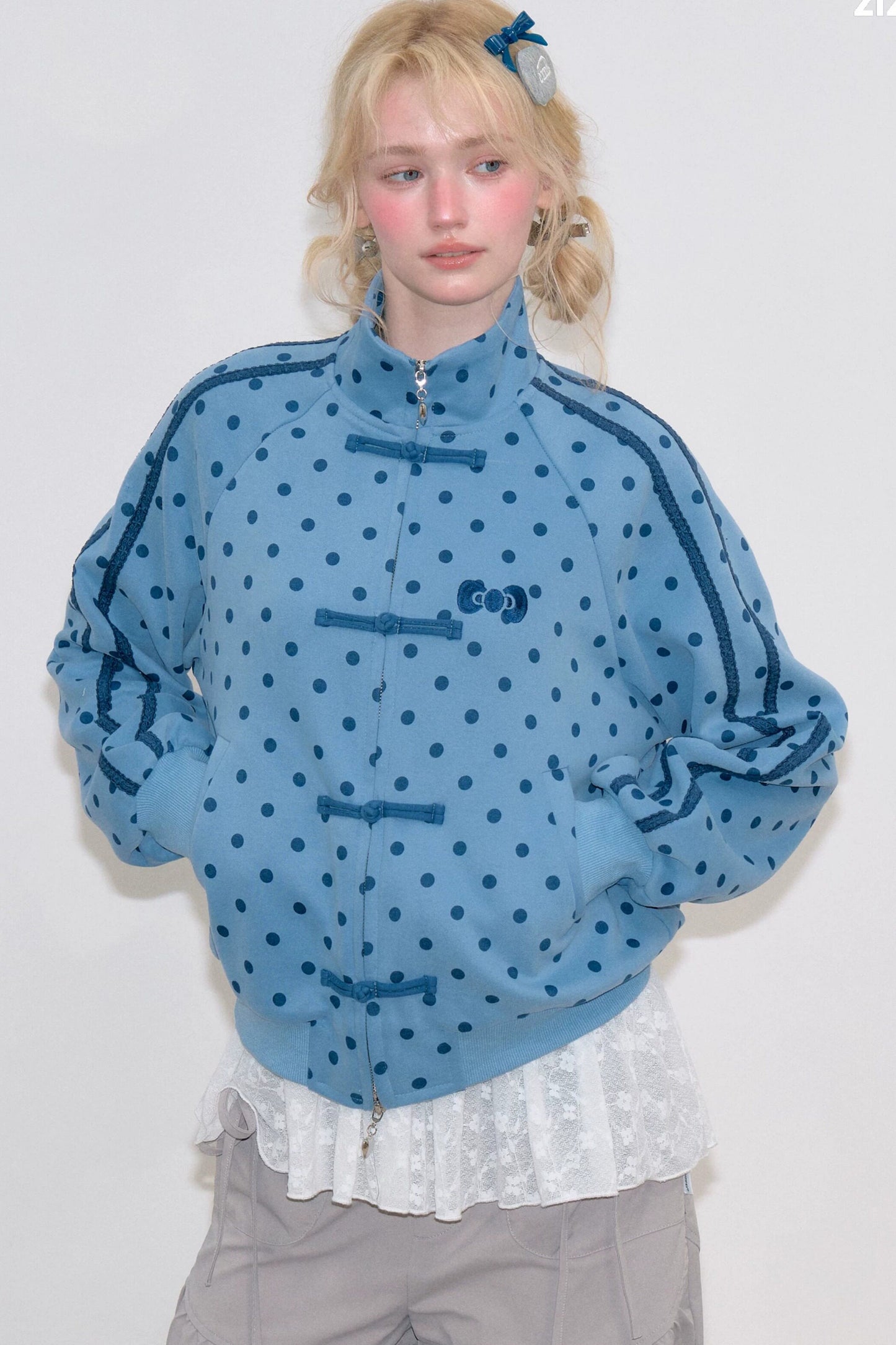 Blue Polka Dot Zipper Hoodie Jacket
