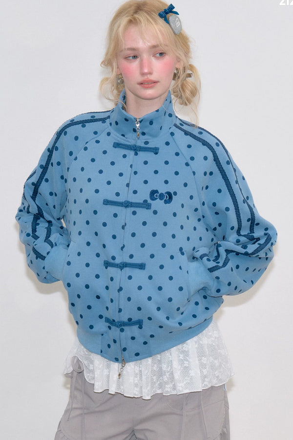 Blue Polka Dot Zipper Hoodie Jacket