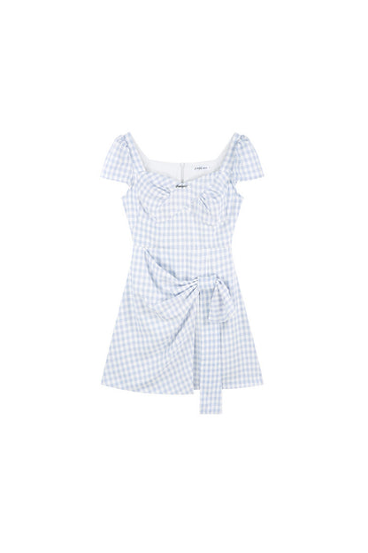 Blue Plaid Square Neck Irregular Dress