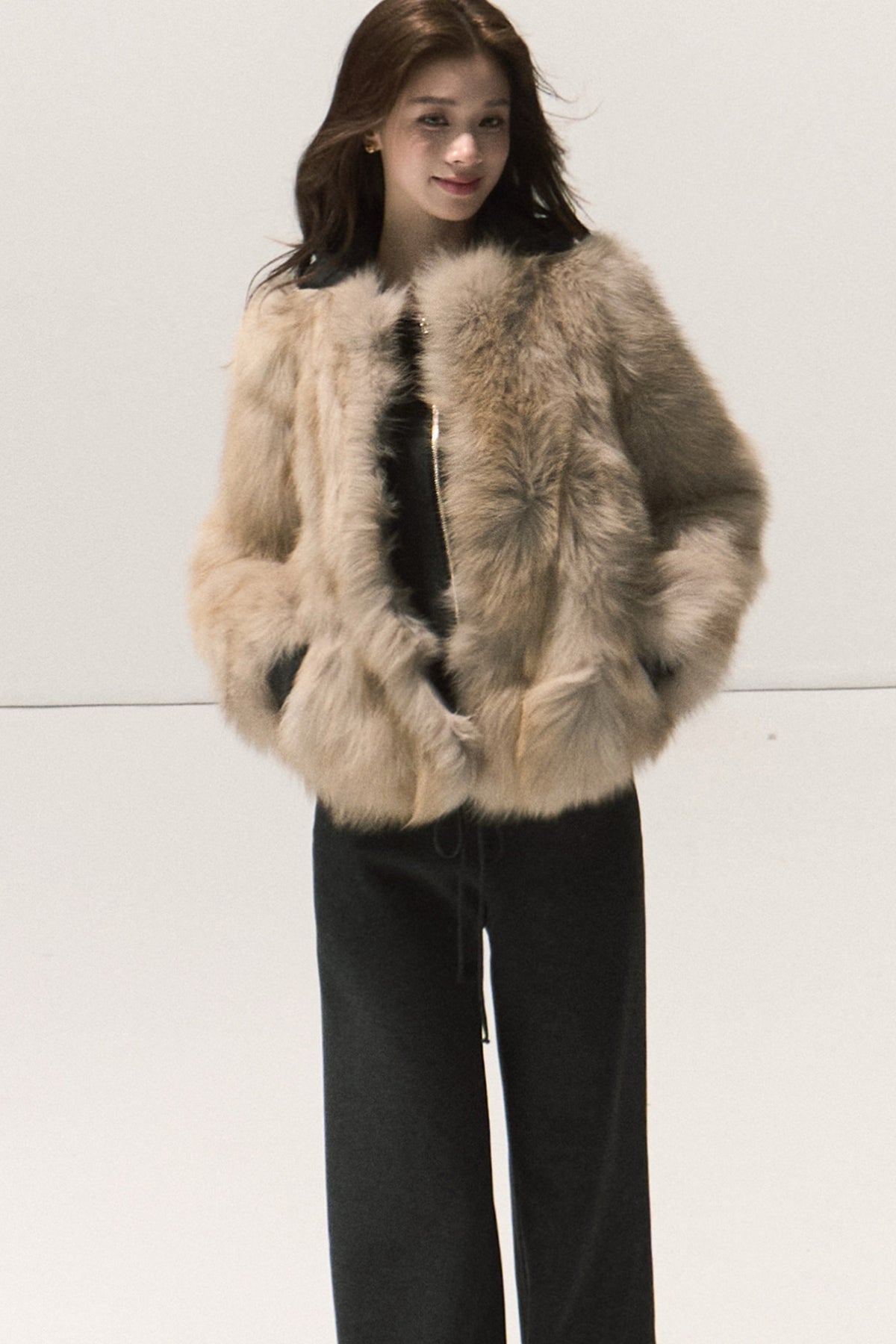 Detachable Fur Collar Knit Jacket and Wide-Leg Pants Set-Up