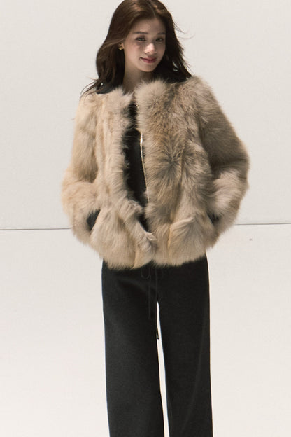 Detachable Fur Collar Knit Jacket and Wide-Leg Pants Set-Up