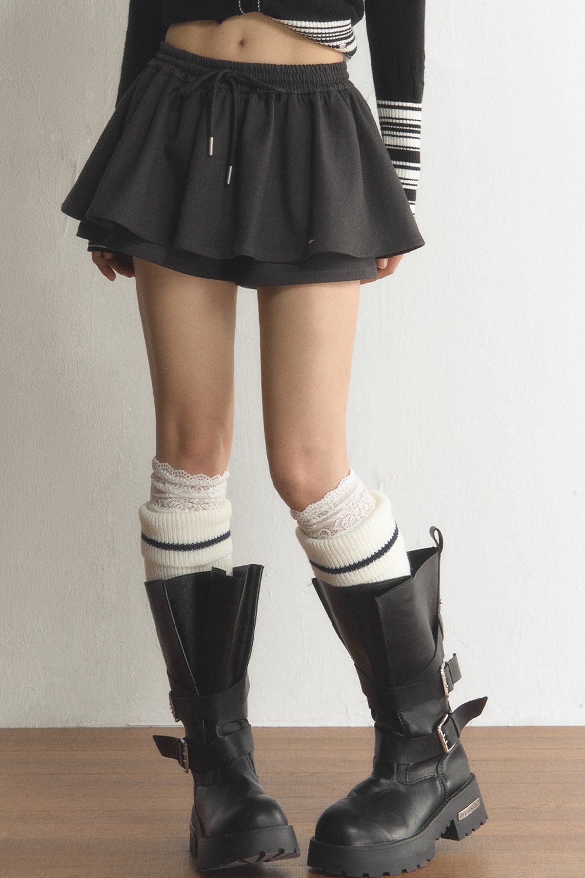 Drawstring High-Waisted Pleated Skirt