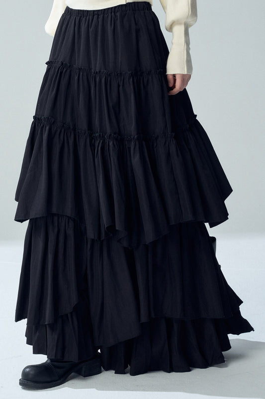 Black Irregular Ruffle Skirt