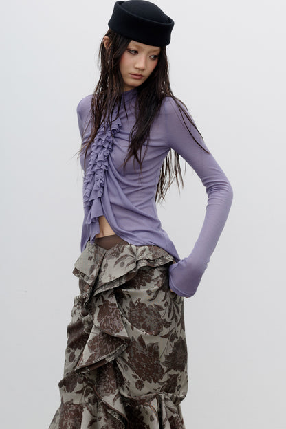 Pleated Tassel Long-Sleeved T-Shirt