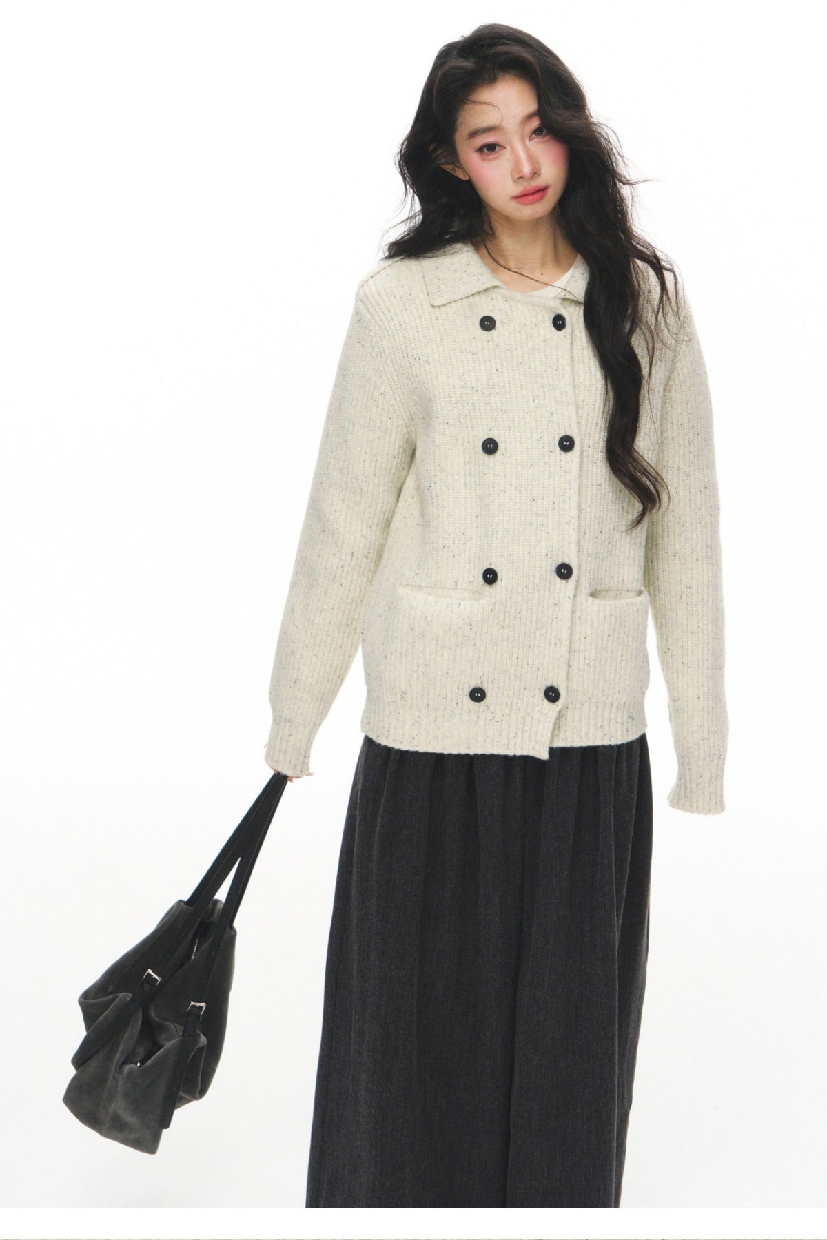 Gray Knit Cardigan With Trousers Set-Up