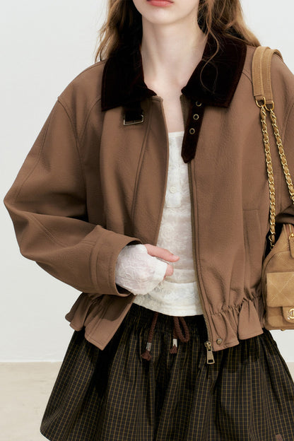 Short Color-Blocked PU Work Jacket