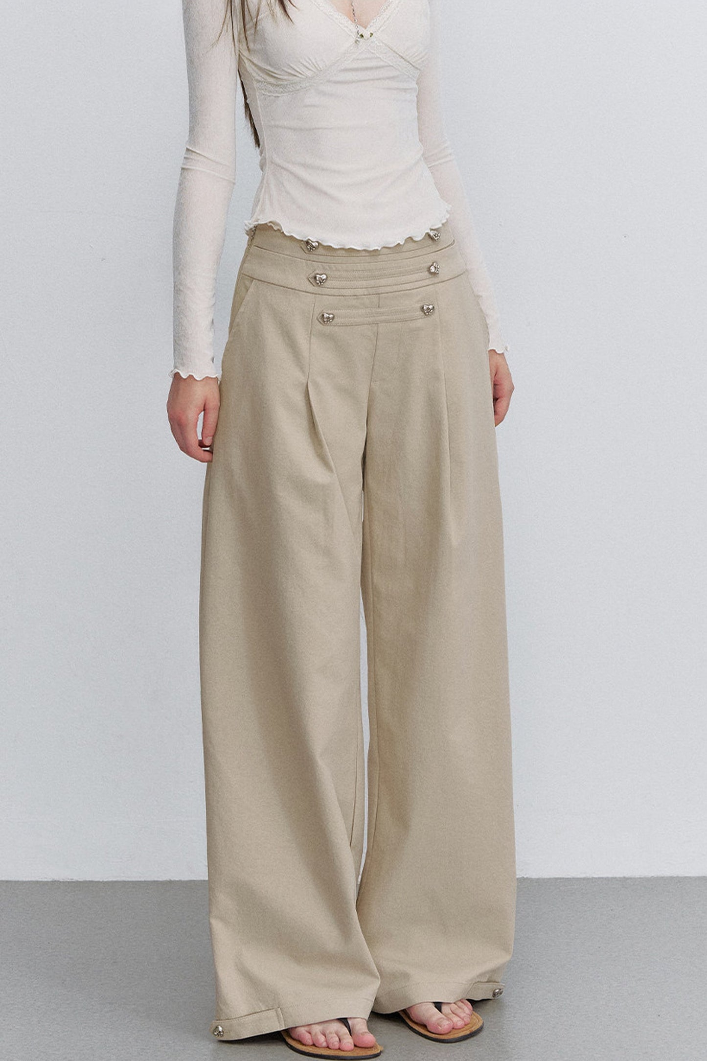Pleated Heart Button Pants