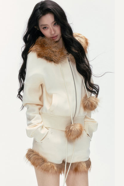 Studded Embroidered Detachable Fur Collar Sweatshirt And Shorts Set-Up