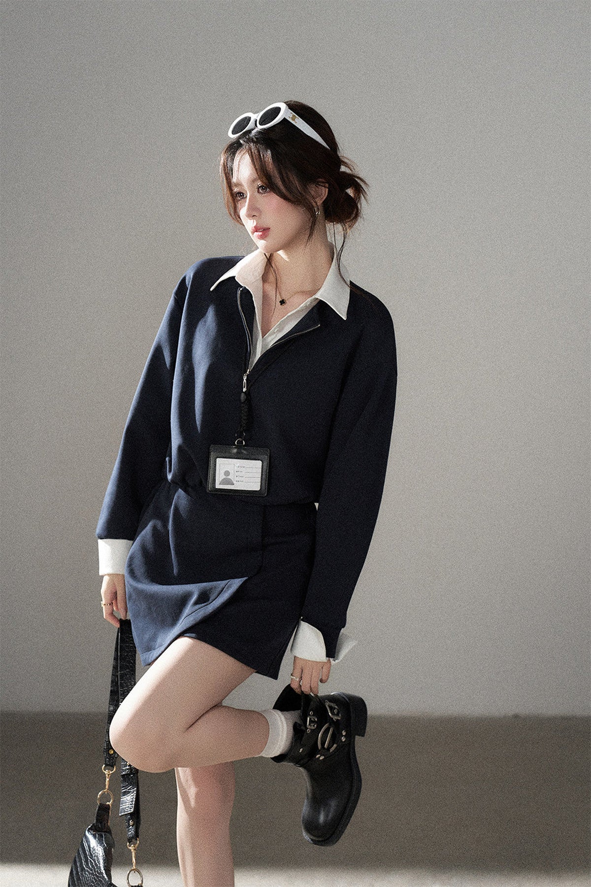 Layered-Look Polo Collar Sweatshirt Dress