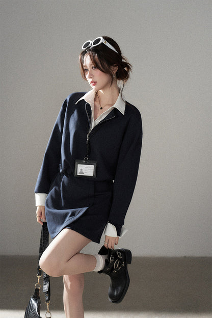 Layered-Look Polo Collar Sweatshirt Dress