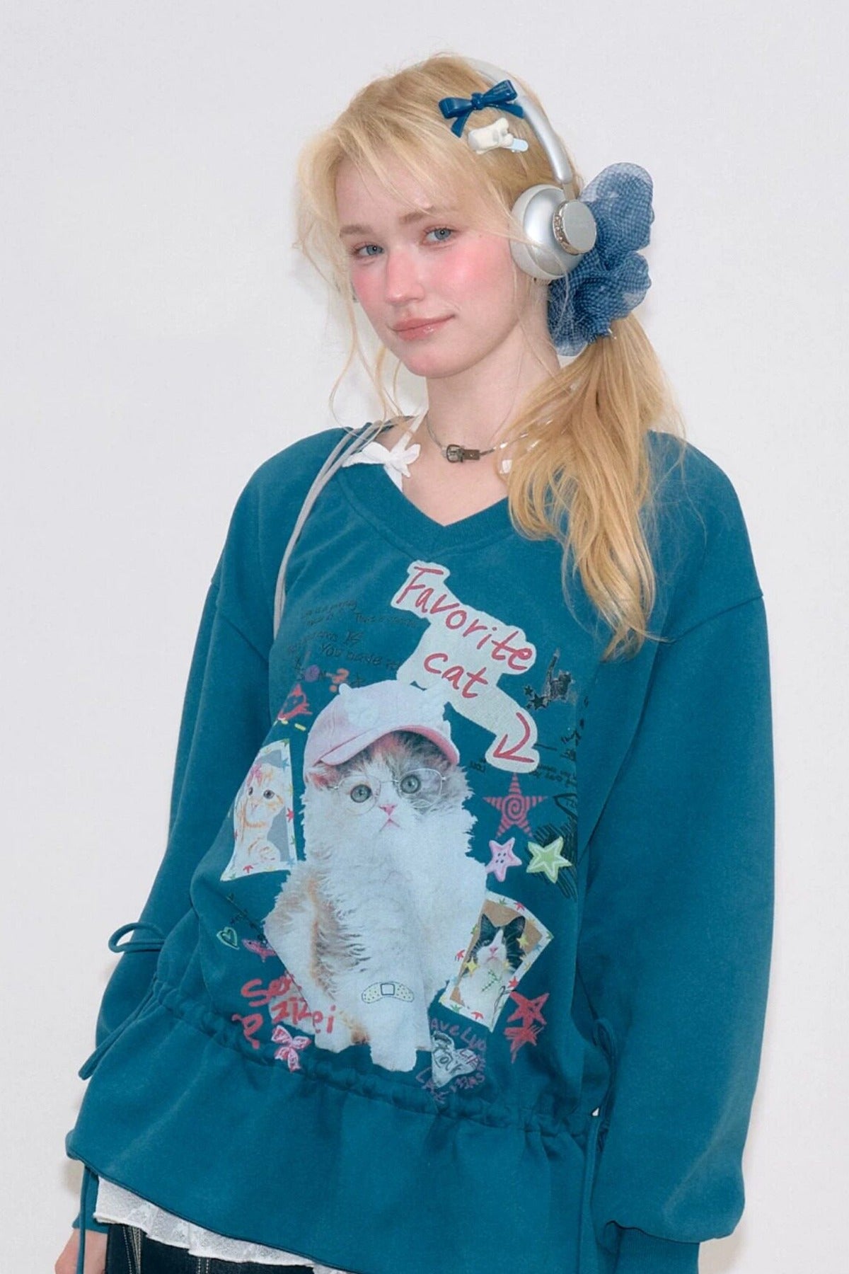 Cat Print V-Neck Drawstring Hem Sweatshirt
