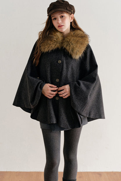 Detachable Large Fur Collar Woolen Cape