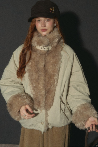 Wheat Spike Floral Plush Stand Collar Jacket