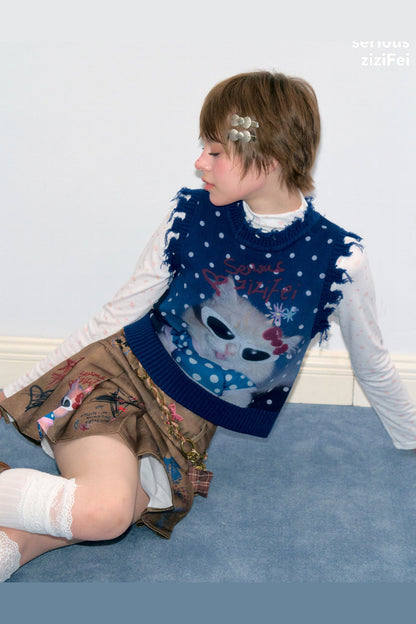 Navy Blue Cat Print Polka Dot Vest