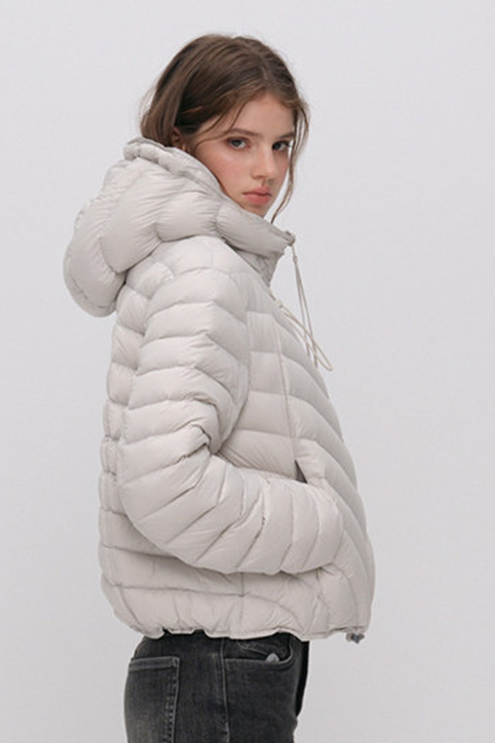 3D Quilted Drawstring Hooded Down Jacket