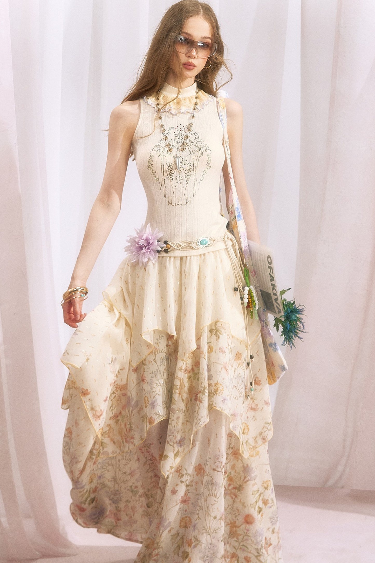 Floral Print Irregular Tiered Chiffon Skirt