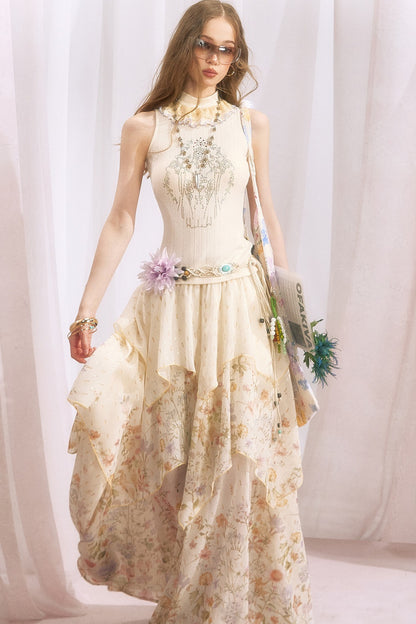 Floral Print Irregular Tiered Chiffon Skirt