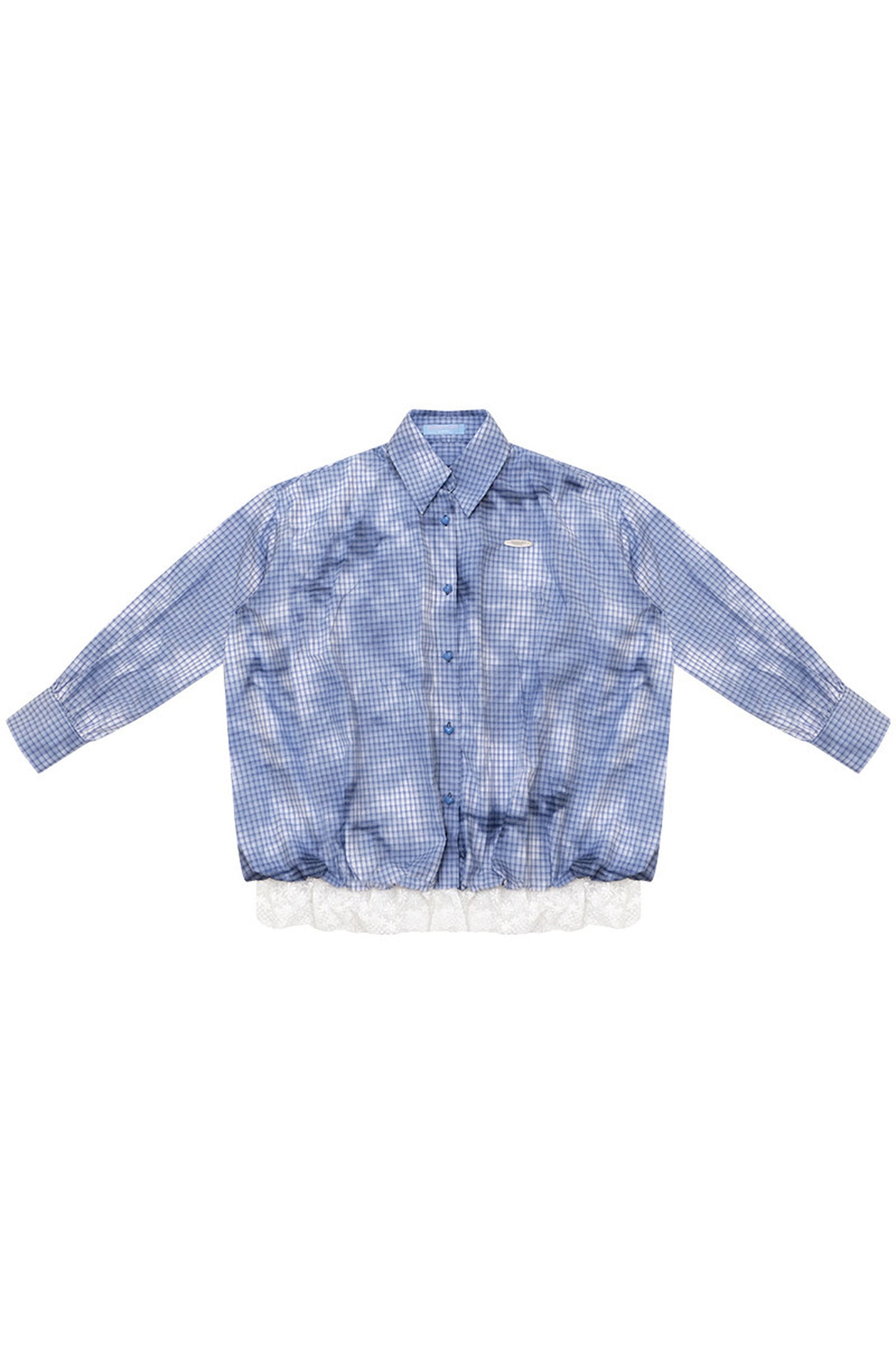 Blau karierte Bluse mit Spitzensaum